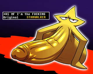 balls big_balls big_penis dialogue erection genitals huge_balls huge_penis hyper hyper_balls hyper_genitalia hyper_penis looking_at_viewer male not_furry nude penis profanity red_eyes solo text text_box yellow_body ankolewd deltarune undertale_(series) the_original_starwalker humanoid living_star 2025 digital_media_(artwork) english_text