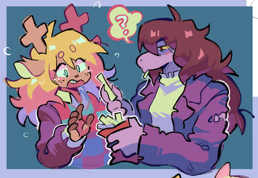 5_fingers ahoge anthro antlers black_clothing black_shirt black_topwear blonde_hair blue_background blue_border blue_eyes blush blush_lines bodily_fluids border brown_body brown_fur buckteeth chalk chalk_in_mouth checkered checkered_clothing checkered_sweater checkered_topwear circle_eyebrows claws clothing countershade_ears countershading duo eyebrow_through_hair eyebrows eyelashes female finger_claws fingers flustered flying_sweatdrops freckles fur hair holding_chalk holding_object hooved_fingers hooves horn jacket long_hair offering_to_another pattern_clothing pattern_sweater pattern_topwear puckered_lips purple_body purple_clothing purple_jacket purple_skin purple_topwear question_mark red_eyes red_nose rounded_snout shirt simple_background speech_bubble sweat sweatdrop sweater sweater_vest teeth topwear torn_jacket translucent translucent_hair vest white_clothing white_shirt white_topwear yellow_sclera notnaruse deltarune undertale_(series) noelle_holiday susie_(deltarune) deer mammal new_world_deer reindeer scalie 2024 half-length_portrait portrait