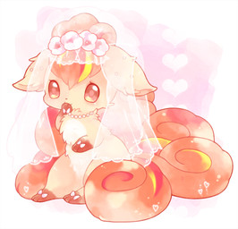 3_toes accessory ambiguous_gender brown_body brown_eyes brown_fur brown_markings chibi covering covering_mouth covering_own_mouth covering_self curled_tail digitigrade feet feral flower flower_in_hair fur gem gloves_(marking) hair hair_accessory heart_background heart_symbol jewelry leg_markings markings multi_tail necklace orange_body orange_fur orange_hair orange_tail paws pearl_(gem) pearl_necklace pink_flower plant ribbons simple_background sitting socks_(marking) solo tail tan_body tan_fur toes wedding_veil white_body white_fur white_markings white_ribbon michi_runi nintendo pokemon canid canine generation_1_pokemon mammal pokemon_(species) vulpix digital_media_(artwork) unavailable_at_source