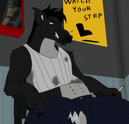 8_nipples anthro black_body black_fur black_hair blue_bottomwear blue_clothing blue_pants bottomwear case chair cigarette cigarette_smoke clothing denim denim_bottomwear denim_clothing dirty dirty_clothing ear_tuft fingers flower fur furniture hair hooved_fingers hooves inside jeans male mechanic multi_nipple nipples oil_stain on_chair overweight overweight_male pants petals plant rose_(flower) rose_petals scar shirt sign sitting sitting_on_chair smoke solo tank_top topwear torn_clothing torn_ear tuft tusks unimpressed wet_floor_sign whiskers white_body white_clothing white_eyes white_fur white_shirt white_topwear workshop wrappings davespaceman shev_stetson_(davespaceman) mammal suid suine sus_(pig) wild_boar hi_res