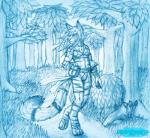 anthro clothed clothing dagger detailed_background female forest leather melee_weapon nature outside plant tree tribal weapon frostwyrm102 april_dawn domestic_cat felid feline felis mammal pouch_(disambiguation) 2015 traditional_media_(artwork)