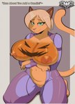 anthro big_breasts bodypaint breast_squish breasts clothed clothing dialogue female flight_suit food fruit fur genitals green_eyes hair holidays jack-o'-lantern navel orange_body orange_fur plant pumpkin pumpkin_breasts pussy solo squish zipper_down knightmoonlight98 halloween khenca felid feline mammal hi_res