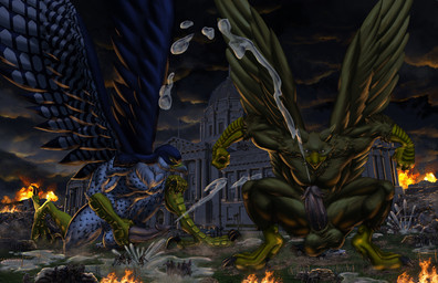 4_toes abs anthro balls beak biceps biped bodily_fluids brown_body brown_fur building building_destruction city city_background city_crushing city_destruction claws crush cum cum_on_ground cumshot destruction detailed_background duo ejaculation erection feathered_wings feathers feet finger_claws fingers fire fur genital_fluids genitals house humanoid_genitalia macro macro_anthro macro_male male masturbation military muscular muscular_anthro muscular_male night nude outside paws pecs penile penile_masturbation penis rampage sky soldier tail toe_claws toes vehicle vehicle_destruction warrior white_body wings kain3 mythology carpo corvidius_(character) avian bird falcon falconid gryphon mythological_avian mythological_creature hi_res
