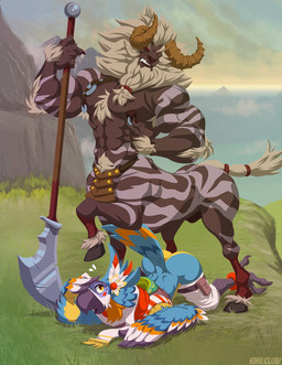 abs animal_genitalia anthro anthro_on_taur arm_hair armpit_hair ass_up avian_feet beak biceps big_muscles body_hair braided_mane bubble_butt butt chest_hair duo feathers feet fully_sheathed genitals happy_trail hooves horn imminent_sex lying male male/male mane melee_weapon muscular muscular_anthro muscular_male muscular_taur navel nipple_piercing nipple_ring nipples on_front outside pecs piercing polearm pubes ring_piercing sheath size_difference sword talons toes weapon kihu breath_of_the_wild nintendo the_legend_of_zelda kass_(tloz) avian lynel rito taur 2021 hi_res