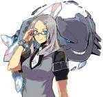 accessory alternate_species ambiguous_gender blue_eyes bracelet breasts clothing duo ear_piercing eyewear female glasses grey_hair hair hair_accessory hairpin humanized jewelry looking_at_viewer piercing simple_background smile teeth topwear vest kusanagikaworu nintendo pokemon generation_6_pokemon human mammal mega_evolution mega_steelix pokemon_(species) reptile scalie snake