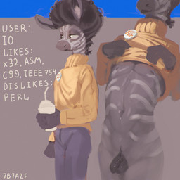accessory anthro balls biped bottomless bottomless_anthro bottomless_male clothed clothed_anthro clothed_male clothing clothing_lift container cup flaccid genitals hair half-closed_eyes holding_container holding_cup holding_object humanoid_hands male male_anthro narrowed_eyes navel nipples partially_clothed partially_clothed_anthro partially_clothed_male penis pin_accessory pin_button simple_background solo standing striped_body stripes sweater text topwear topwear_lift turtleneck 7b7a2f equid equine mammal zebra 1:1 2024 absurd_res artist_name digital_media_(artwork) digital_painting_(artwork) english_text hi_res painting_(artwork)