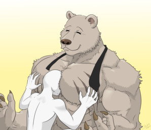 abs anthro big_muscles big_pecs claws duo eyes_closed face_on_chest fur humanoid_on_anthro male male/male muscular muscular_anthro muscular_male necktie nude pec_grab pec_smothering pecs scar simple_background size_difference smile smothering tuft white_background jabuhusky beastars anon riz_(beastars) bear brown_bear humanoid mammal ursine 2021 absurd_res hi_res