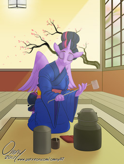accessory anthro anthrofied asian_clothing beverage clothing east_asian_clothing eyes_closed female hair hair_accessory hairpin horn inside japanese japanese_clothing kimono lamp lantern painting_(object) shoji solo tea tea_ceremony wings omny87 friendship_is_magic hasbro my_little_pony mythology twilight_sparkle_(mlp) equid equine mammal mythological_creature mythological_equine winged_unicorn 2017