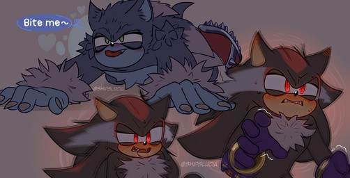 all_fours anthro bite blood blush blush_lines bodily_fluids duo fangs fur inviting male male/male shaking shoulder_bite speech_bubble sweat sweatdrop teasing teeth text tongue tongue_out shipslucia sega sonic_the_hedgehog_(series) sonic_unleashed shadow_the_hedgehog sonic_the_hedgehog sonic_the_werehog eulipotyphlan hedgehog mammal vampire werecreature wereeulipotyphlan werehog hi_res