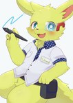 anthro belt_accessory black_nose blue_eyes clothing crotch_tuft dress_shirt featureless_crotch fur holding_object kemono looking_at_viewer male open_mouth open_smile scouter shirt smile tablet_pen topwear tuft white_clothing white_shirt white_topwear yellow_body yellow_fur young iryu_km yodomaru_(dinogaize) canid canine fox mammal 2023 digital_media_(artwork) hi_res portrait three-quarter_portrait