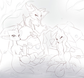 2_tails 3_toes 4_fingers anthro anus bedroom_eyes belly belly_markings biped blush blush_lines breasts bubble claws embarrassed eyelashes fangs featureless_breasts feet female fingers front_view fur fur_markings genitals group head_markings heart_symbol hot_spring inner_ear_fluff looking_at_viewer lying markings multi_tail narrowed_eyes nature nude nude_anthro nude_female on_back open_mouth outside rock seductive simple_background sitting small_breasts smile smiling_at_viewer snout spread_legs spreading stick surprised tail teeth toe_claws toes tongue tongue_out trio tuft vulva water white_background meraence nintendo pokemon braixen canid canine floatzel fox generation_4_pokemon generation_5_pokemon generation_6_pokemon mammal mienshao pokemon_(species) 2014 absurd_res digital_drawing_(artwork) digital_media_(artwork) hi_res sketch