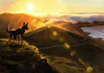 ambiguous_gender day detailed_background digitigrade feral fur lake landscape lens_flare light mountain nature outside quadruped river sky solo standing sun sunlight text tongue tongue_out water kenket canid canine canis domestic_dog mammal 2019 painting_(artwork) traditional_media_(artwork) traditional_painting_(artwork) url