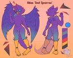 anthro biped blue_eyes feathered_wings feathers front_and_back front_view fur gradient_fur male purple_body purple_fur rear_view solo spread_wings tail tail_feathers wings smolspearrow adian avian bird oscine passerine sparrow absurd_res character_name digital_media_(artwork) full-length_portrait hi_res model_sheet portrait