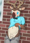 ajul_rodriguez anthro antlers balls belly big_nose blue_clothing blue_eyes blue_shirt blue_topwear blue_underwear blush bottomwear bow_tie brick_wall brown_body brown_fur buckteeth cargo_shorts clothed clothing clothing_lift deer embarrassed exhibitionism flaccid flashing fluffy_balls foreskin fur genitals grey_bottomwear grey_clothing grey_shorts horn inner_ear_fluff kokoha_is_here male mammal mule_deer multicolored_body multicolored_fur navel new_world_deer open_bottomwear open_clothing open_pants outside pants partially_clothed penis polo_shirt pubes public public_exposure shirt shirt_lift shorts small_balls small_penis smile solo tan_body tan_fur teeth topwear tuft two_tone_body two_tone_fur underwear underwear_down wall_(structure)