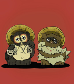 ambiguous_gender anthro balls belly black_nose brown_body clothing duo feral genitals hat headgear headwear male moobs navel red_background sculpture simple_background statue kk_yn2 nintendo pokemon canid canine generation_3_pokemon mammal pokemon_(species) raccoon_dog tanuki zigzagoon 2022