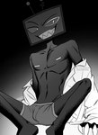 boxers_(clothing) boxers_only bulge clothed clothing do_not_distribute electronics for_a_head grey_boxers grey_clothing grey_underwear male nipples not_furry screen screen_face solo television topless underwear underwear_only enaic31 hazbin_hotel vox_(hazbin_hotel) demon demon_humanoid humanoid object_head screen_head tv_head absurd_res hi_res monochrome