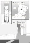 absurd_res anthro bed bedroom black_and_white bottomwear canid canine canisfidelis clothed clothing comic dialogue digital_drawing_(artwork) digital_media_(artwork) door electronics english_text furniture hi_res humphrey_(canisfidelis) looking_back male mammal mirror monochrome phone shirt shorts simple_background solo t-shirt text thought_bubble topwear young young_anthro young_male