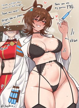 5_fingers abs ahoge big_breasts black_bra black_clothing black_panties black_underwear bodily_fluids bra breasts brown_hair camel_toe clothing coat dialogue directional_arrow duo eyebrow_through_hair eyebrows female fingers garter_belt garter_straps hair heart_symbol hearts_around_head holding_syringe lab_coat laboratory_equipment laboratory_glassware looking_at_viewer motion_outline navel panties red_eyes scientific_instrument sweat sweatdrop syringe talking_to_viewer test_tube text topwear translucent translucent_hair underwear white_hair cheekie cygames uma_musume_pretty_derby agnes_tachyon_(pretty_derby) gold_ship_(pretty_derby) animal_humanoid equid equid_humanoid equine equine_humanoid horse_humanoid humanoid mammal mammal_humanoid 2025 alternate_version_at_paywall artist_name english_text hi_res japanese_text
