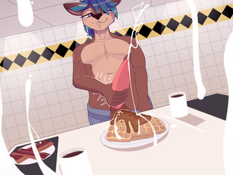 animal_genitalia animal_penis anthro balls bodily_fluids clothing cum cum_on_food erection food fur genital_fluids genitals hair male penis smile solo waffle weldeer chapaevv waffle_house fan_character deer mammal 4:3 absurd_res digital_media_(artwork) hi_res
