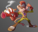 anthro armor clothing footwear gloves gun gun_smoke handgun handwear headgear helmet laser_gun male pistol ranged_weapon shoes simple_background smoke solo suit tail teeth weapon selinaeagle snaccka activision spyro_the_dragon agent_9 haplorhine mammal monkey primate 2019 absurd_res digital_drawing_(artwork) digital_media_(artwork) hi_res signature