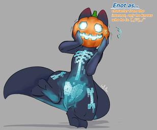 ambiguous_gender bodily_fluids breasts dark_body digitigrade featureless_breasts featureless_crotch feral food fruit glowing glowing_eyes glowing_mouth nude plant pumpkin simple_background skeleton_bodypaint solo struggling sweat sweatdrop tail text dvisk rain_world videocult inv_(rain_world) slugcat english_text hi_res