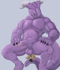 abdominal_bulge almost_fully_inside anal anal_vore anthro balls brown_body brown_fur claws crouching duo erection feet fur genitals grey_background head_first horn humanoid_genitalia humanoid_penis larger_pred male male/male male_pred male_prey muscular muscular_male nude_pred otter_tail partially_inside penis purple_body simple_background size_difference tail vore pandottermon mammal monster mustelid otter 2025 colored hi_res