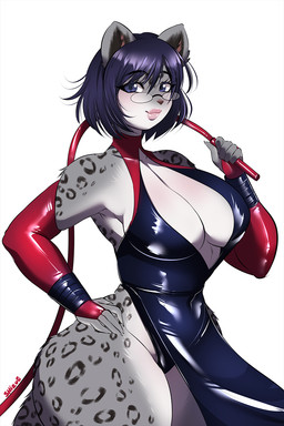 anthro armwear big_breasts biped blush breasts cleavage clothed clothing eyelashes eyewear female fur glasses grey_body grey_fur holding_object holding_whip looking_at_viewer markings panties pupils purple_eyes smile solo spots spotted_body spotted_fur thick_thighs underwear whip luvon felid mammal pantherine snow_leopard hi_res