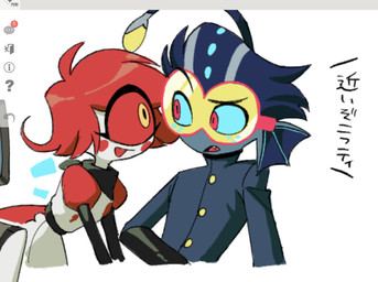 1_eye anthro art_program_in_frame duo ear_fins eyewear female fin glasses lure_(anatomy) male simple_background text white_background enaic31 hazbin_hotel hellaverse baxter_(hazbin_hotel) niffty_(hazbin_hotel) anglerfish aquatic cyclops demon demon_humanoid fish humanoid hi_res japanese_text translation_request
