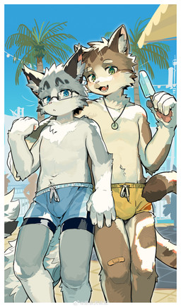 anthro arm_around_another band-aid bandage beach blue_eyes brown_body brown_fur bulge clothed clothing duo eyewear fluffy fluffy_tail food fur glasses green_eyes grey_body grey_fur jewelry kemono looking_at_viewer male multicolored_body multicolored_fur necklace pawpads pointy_ears popsicle swimming_trunks swimwear tail topless topless_male two_tone_body two_tone_fur wearing_glasses weibo_logo white_body white_fur milkybot can_we_have_a_second_summer_vacation_if_we_miss_it? weibo qi_cheng domestic_cat felid feline felis mammal tabby_cat absurd_res hi_res