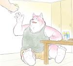 anthro beverage biped bottomwear clothing fur humanoid_hands male overweight overweight_anthro overweight_male pink_body pink_fur shirt shorts sitting solo tank_top topwear tiger_cub canid canine canis domestic_dog mammal 2018