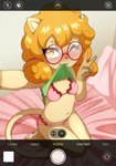 anthro bed biped blush blush_lines bra breasts camera_view clothed clothing clothing_lift dipstick_tail eyebrows eyewear female furniture gesture glasses gloves_(marking) green_eyes green_markings hair hand_gesture holding_viewer kneeling kneeling_on_bed leg_markings long_hair looking_at_viewer markings mouth_hold navel on_bed one_eye_closed orange_hair panties partially_clothed pawpads phone_screen pink_bra pink_clothing pink_nose pink_panties pink_underwear presenting presenting_breasts round_glasses selfie shirt shirt_lift small_breasts socks_(marking) solo tail tail_markings tan_body topwear underwear user_interface v_sign wearing_glasses wink winking_at_viewer young young_anthro young_female gi0 domestic_cat felid feline felis mammal 2025 absurd_res hi_res