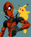 actor_allusion bodysuit clothing dipstick_ears duo ear_markings electricity fur gloves handwear male mask multicolored_ears simple_background skinsuit smile tight_clothing yellow_body yellow_fur hyouga617 marvel nintendo pokemon deadpool generation_1_pokemon human mammal pikachu pokemon_(species) 2019 crossover hi_res