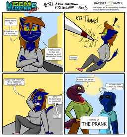 anthro blind bottomwear building clothing crossed_arms deaf dialogue disability female overalls pants road shirt simple_background text topwear walking walking_stick baristagamerproductions ada_(gem_hunters) phoebe_(gem_hunters) queenie_(gem_hunters) canid canine felid feline mammal reptile scalie snake absurd_res comic english_text hi_res shaded