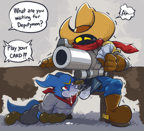 anthro balls blue_bottomwear blue_clothing blue_pants blush bodily_fluids boots bottomwear brown_boots brown_clothing brown_footwear clothing cowboy_hat cum cum_in_mouth cum_inside duo erection fellatio footwear genital_fluids genitals gun handgun hat headgear headwear kerchief looking_pleasured male male/male neckerchief neckwear oral pants penile penis pistol ranged_weapon red_scarf scarf sex shoes text under_table weapon heffy038 bandai_namco digimon deputymon digimon_(species) veemon english_text hi_res