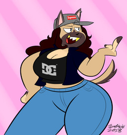 anthro big_breasts black_clothing black_crop_top black_shirt black_topwear blue_bottomwear blue_clothing blue_pants bottomwear breasts cleavage clothed clothed_anthro clothed_female clothing crop_top ear_piercing ear_ring eyelashes female floating_eyebrows furgonomic_hat furgonomic_headwear furgonomics gesture gold_(metal) gold_tooth hand_gesture middle_finger open_mouth open_smile pants pattern_background piercing pink_background ring_piercing sharp_teeth shirt simple_background smile solo striped_background tail teeth thick_thighs topwear vest wide_hips xtremersadiq dc_shoes supreme hypebae_(jinu) canid canine canis domestic_dog german_shepherd herding_dog mammal pastoral_dog 2018 dated digital_drawing_(artwork) digital_media_(artwork) english_description hi_res portrait signature three-quarter_portrait