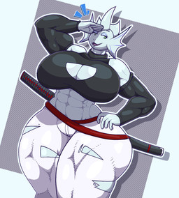 5_fingers big_breasts big_butt breasts butt female fingers green_eyes green_sclera huge_breasts huge_butt katana light_body light_skin looking_at_viewer looking_back makeup melee_weapon muscular muscular_female no_pupils pale_skin sharp_teeth smile solo sword teeth text thick_thighs tongue weapon white_body white_skin expand-blurples wei_(turismoturbo) animal_humanoid aquatic aquatic_humanoid humanoid unknown_species english_text hi_res
