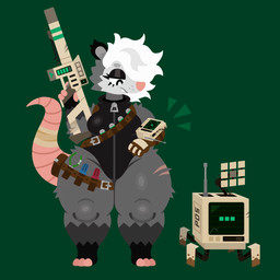 anthro bandage bandolier breasts clothing duo electronics eyelashes female fur grey_body grey_fur gun hair hair_over_eye jumpsuit machine monitor one_eye_obstructed ranged_weapon scar standing thick_thighs weapon white_hair wide_hips zipper naycelium p.o.s_(naycelium) patch_(naycelium) american_opossum mammal marsupial robot 1:1 absurd_res cel_shading digital_media_(artwork) full-length_portrait hi_res lineless portrait shaded