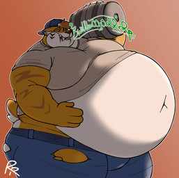 alcohol anthro backwards_hat beer beer_belly beer_keg belly beverage big_belly bloated blue_eyes bottomwear burping clothing fur gradient_background hat headgear headwear male moobs obese obese_anthro obese_male orange_background orange_body orange_fur outline overweight overweight_anthro overweight_male simple_background solo tight_bottomwear tight_clothing torn_bottomwear torn_clothing white_outline randomheck randomrusso magnus_(wonderpuff) felid mammal prehistoric_species saber-toothed_tiger 2024 hi_res signature watermark