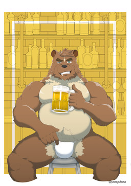 alcohol anthro barazoku beer beverage bulge clothing drunk fur kumayoshi male muscular muscular_anthro solo substance_intoxication underwear gaouu pongotora bear mammal hi_res