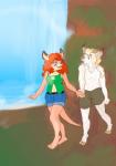 anthro bovid caprine clothed clothing duo female goat good_cheese hi_res macropod male male/female mammal mara_kilpatrick marsupial missebony mitch_calhoun navel outside wallaby water waterfall