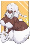 anthro big_breasts big_butt biped breasts brown_body butt female fur horn kneeling looking_at_viewer thick_thighs white_body white_fur kantan nintendo pokemon generation_8_pokemon pokemon_(species) wooloo absurd_res hi_res