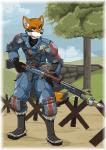 anthro armor brown_eyes clothed clothing fully_clothed gun male military_uniform outside ranged_weapon rifle solo standing uniform weapon p-aei sega valkyria_chronicles yokhame canid canine canis mammal wolf animated loop short_playtime