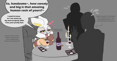 anthro anthro_focus assertive_anthro assertive_female bedroom_eyes blush blush_lines bodily_fluids bottomwear brown_clothing brown_gloves brown_handwear candle candle_holder chair clothing container cup date dialogue dirty_talk drinking_glass drooling eyelashes eyewear female female_anthro female_focus flirting furniture glass glass_container glass_cup gloves group half-closed_eyes handwear heart_symbol human_fetish jacket larger_human larger_male male male_human menu motion_lines narrowed_eyes naughty_face nervous nervous_sweat open_mouth orange_clothing orange_jacket orange_topwear pants saliva seductive short_tail silhouette simple_background size_difference smaller_anthro smaller_female speech_bubble sunglasses sweat sweatdrop table tail tail_motion tailwag text tongue tongue_out topwear trio waiter white_body wine_bottle wine_glass yellow_eyes yellow_inner_ear yellow_sclera mrmystery_guy bombun bombun_(kekitopu) human lagomorph leporid mammal rabbit english_text