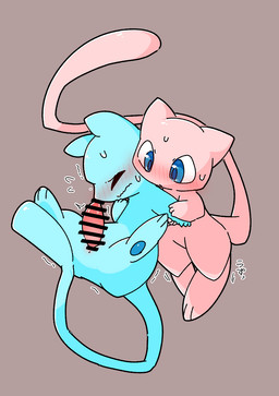 3_fingers ambiguous_gender blue_body blue_pupils blush blush_lines bodily_fluids censor_bar censored_genitalia censored_penis duo embarrassed erection eyes_closed feral fingers flying_sweatdrops genitals hand_holding ineffective_censorship kemono looking_at_genitalia looking_at_penis male male/ambiguous motion_lines pawpads paws penis pink_body pupils simple_background spread_legs spreading sweat sweatdrop tail tan_background tapering_penis text leapappa nintendo pokemon generation_1_pokemon legendary_pokemon mew_(pokemon) pokemon_(species) shiny_pokemon 2026 censored digital_media_(artwork) hi_res japanese_text shaded simple_shading translation_request female_(lore)