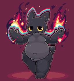 3_toes 4_fingers :3 anthro belly belly_overhang big_belly big_eyes black_body black_eyes blush blush_stickers casual_nudity closed_smile deep_navel elemental_manipulation featureless_chest featureless_crotch feet femboy fingers fire fire_manipulation front_view grey_body heart_reaction looking_at_viewer male moobs mouth_closed multicolored_body navel nude obese obese_anthro obese_male overweight overweight_anthro overweight_male red_background simple_background smile smug solo tail thick_thighs toes two_tone_body walking wide_hips yellow_sclera geomecs joy_(geomecs) domestic_cat felid feline felis mammal 2025 absurd_res cel_shading digital_media_(artwork) full-length_portrait hi_res pixel_(artwork) portrait shaded