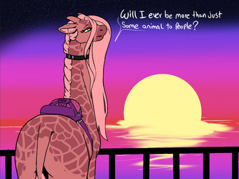 backpack choker clothed clothed_feral clothing contemplating dialogue ear_piercing female feral green_eyes hair hair_over_eye horn industrial_piercing jewelry necklace ossicone piercing railing rear_view sea sky solo speciesism speech_bubble star starry_sky sunset talking_feral text toony water frostedscales cindy_cinnamon_twist giraffe giraffid mammal english_text