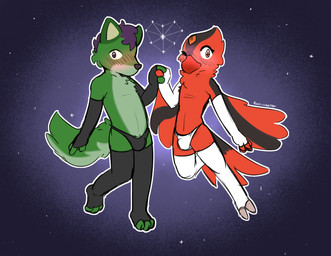 arm_warmers armwear black_clothing black_panties black_underwear bulge clothing feathers fur green_body green_fur hand_holding legwear male male/male panties red_body red_feathers star thigh_highs underwear white_clothing white_panties white_underwear ferrissimulator avian bird hyena mammal hi_res tagme