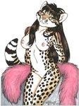 anthro areola black_markings boa_(clothing) breasts brown_hair female fur genitals hair looking_at_viewer markings multicolored_body nipples nude nude_anthro nude_female pussy ring_(marking) ringed_tail simple_background smile solo spots spotted_body spotted_fur striped_markings striped_tail stripes tail tail_markings tan_body tan_fur white_body white_fur yellow_eyes terrie_smith felid feline leopard mammal pantherine traditional_media_(artwork)