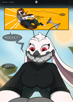 antennae_(anatomy) anthro brown_body brown_fur detailed_background dialogue duo female first_person_view fur happy head_tuft male male/female mask motion_lines multicolored_body multicolored_fur red_eyes scut_tail short_tail speech_bubble sun tackle tackle_hug tail text tuft white_body white_fur silentbandit guardians_of_the_galaxy marvel floor_(marvel) rocket_raccoon domestic_rabbit lagomorph leporid lop_rabbit mammal oryctolagus procyonid rabbit raccoon absurd_res comic english_text hi_res