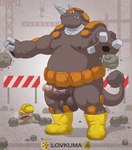 2021 anthro anthrofied armor balls barazoku belt biped body_armor boots brown_background brown_body carapace ceratopsian clothing clubbed_tail construction_site construction_worker crane_(machine) dinosaur duo elemental_creature erect_tail erection footwear footwear_only generation_1_pokemon generation_4_pokemon genitals geodude hard_hat headgear helmet hi_res hole_(anatomy) horn humanoid_genitalia humanoid_penis lovkuma male mineral_fauna moobs mostly_nude nintendo nipples ornithischian overweight overweight_anthro overweight_male palms penis pokemon pokemon_(species) pokemorph reptile rhyperior rock rock_creature rubble scaffolding scalie sharp_teeth shoes shoes_only signature simple_background solo_focus spiral_eyes steel tail teeth text thick_penis underbite vein veiny_penis weapon_tail